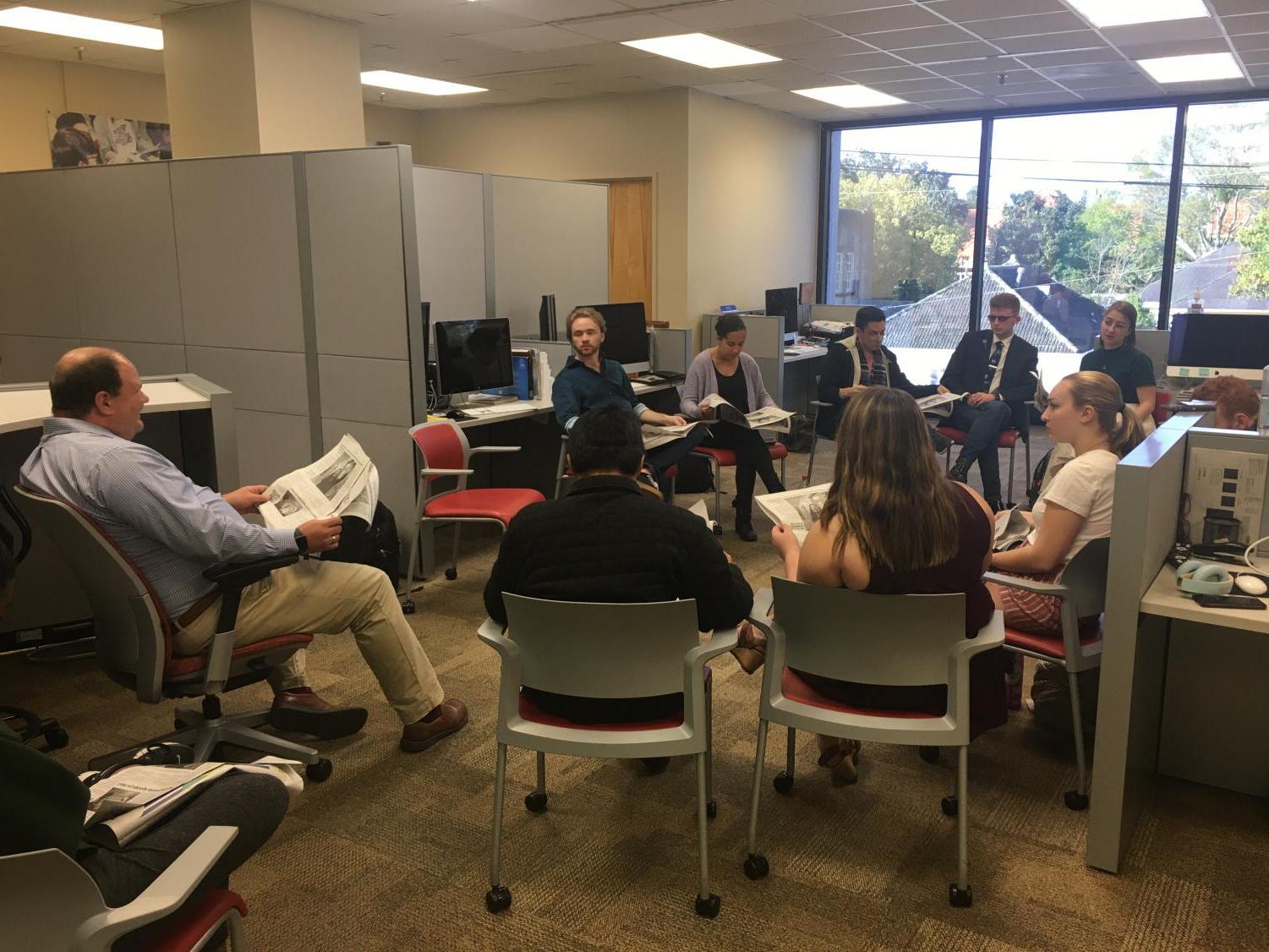 Maroon staff receive a critique from advisor Michael Giusti, March 6th 2020